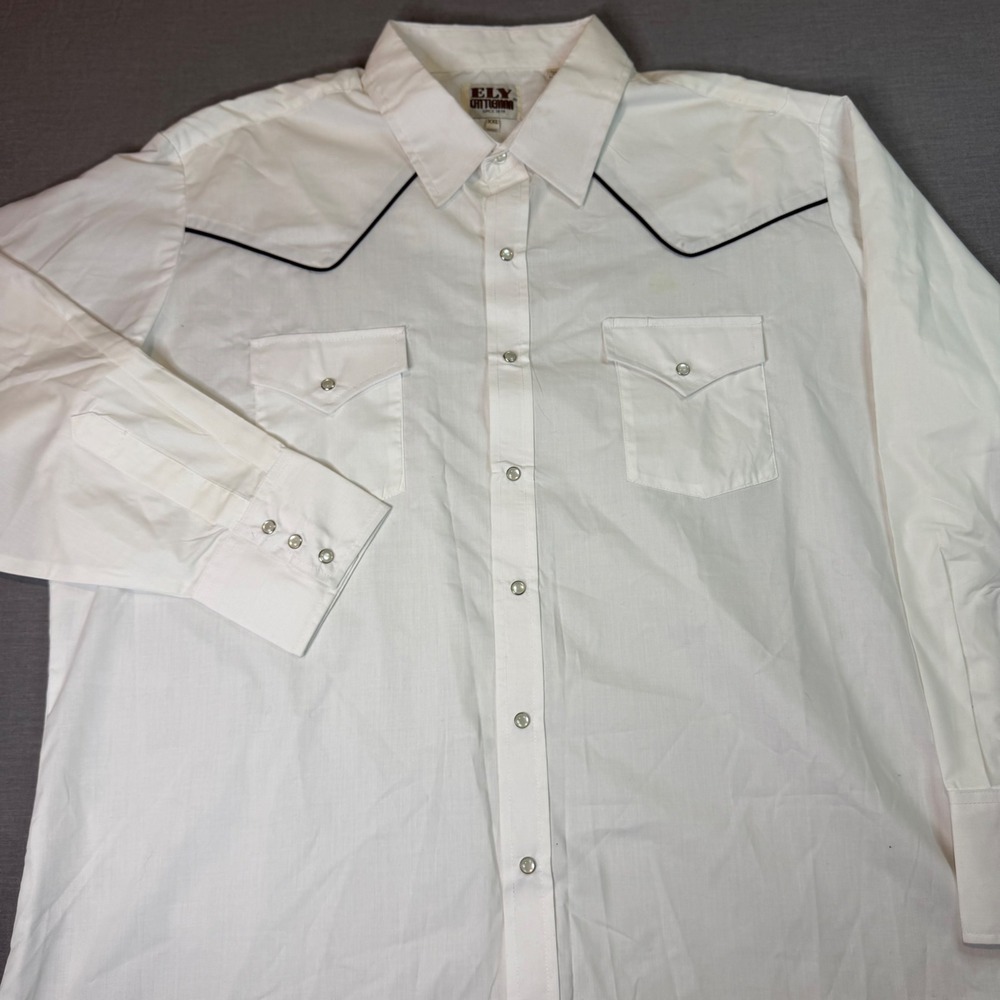 Ely Cattleman Western Shirt Men's XXL White Pearl Snap Long Sleeve Piping Good